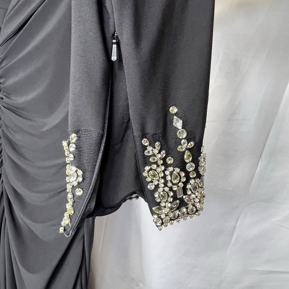 Mac Duggal Black Foldover Long Sleeve Jeweled Midi Dress One-Shoulder Long 10 - Picture 13 of 16
